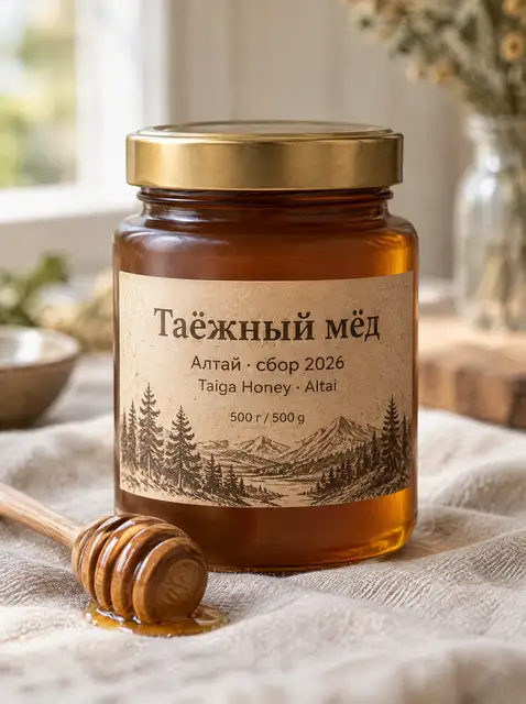 Фотопродукт — янтарная банка мёда на льняной ткани